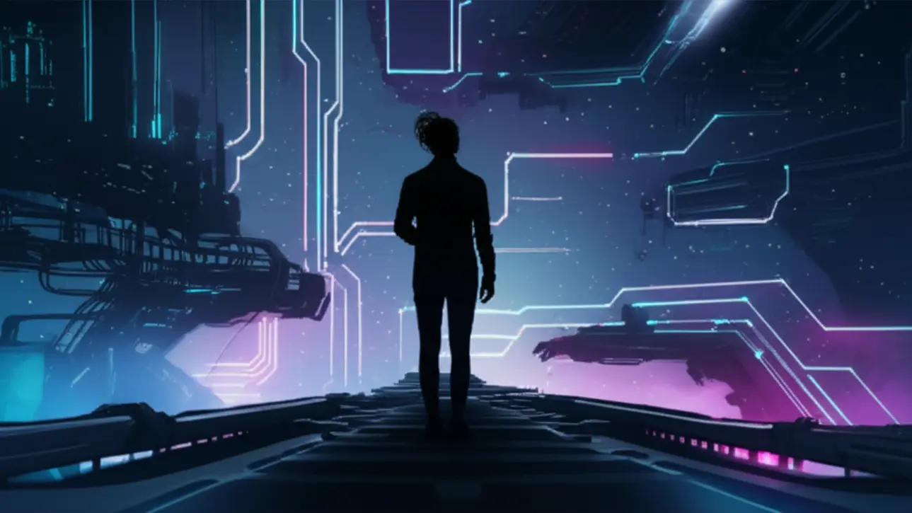 Imagem futurista de uma pessoa em uma encruzilhada, simbolizando o poder da escolha e decisões.