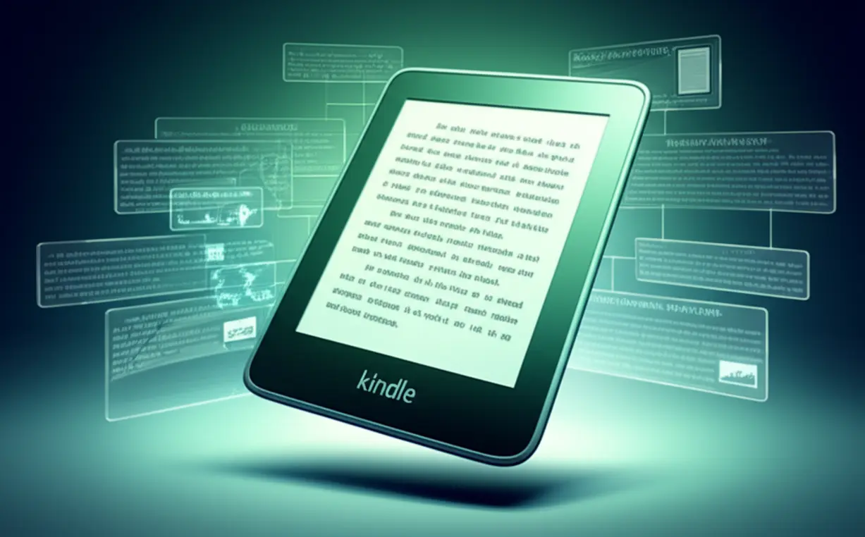 Uma mão segurando um Kindle Paperwhite exibindo uma página de texto com uma palavra destacada e um dicionário pop-up mostrando sua definição, ilustrando o recurso de dicionário built-in.