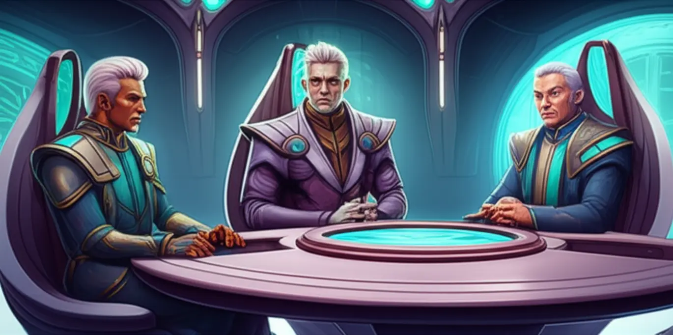 Jedi e um capitão de nave espacial em um ambiente futurista, simbolizando a resolução de conflitos com sabedoria.