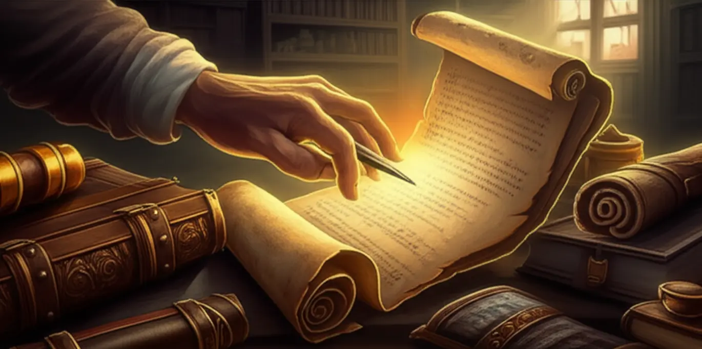 Um bruxo de The Witcher analisando um mapa com textos em inglês, representando o processo de seleção de frases para aprender o idioma.