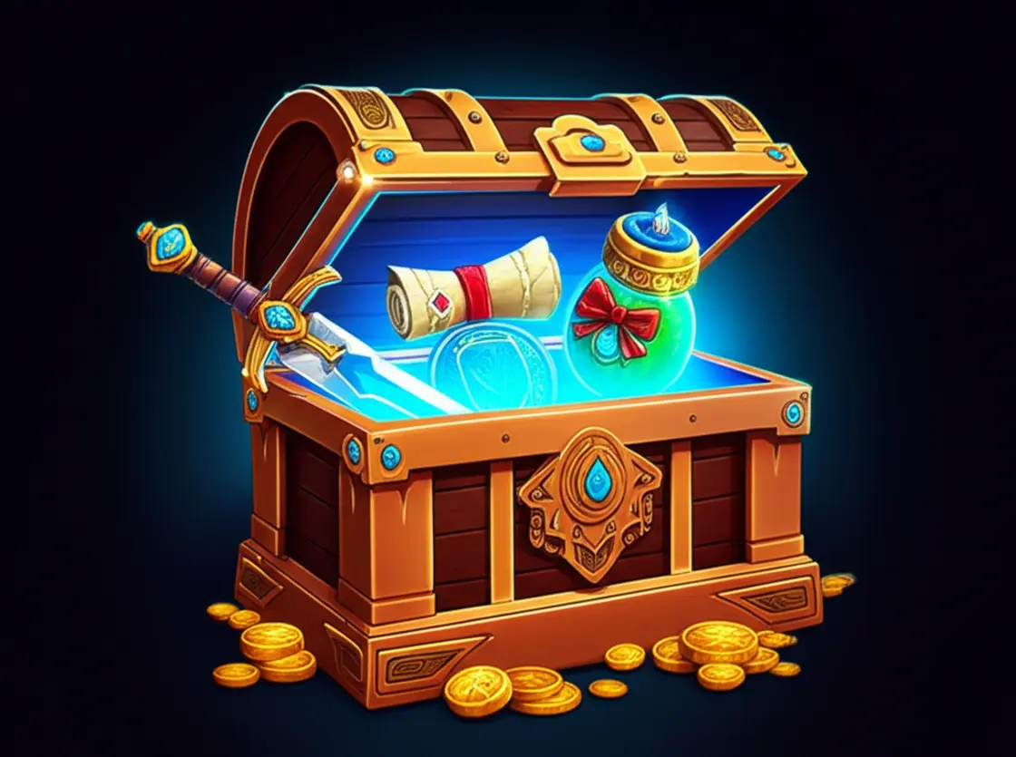 Baú de tesouro aberto transbordando moedas de ouro, joias e itens mágicos, como uma espada reluzente e um pergaminho antigo, simbolizando o 'loot' em RPGs.