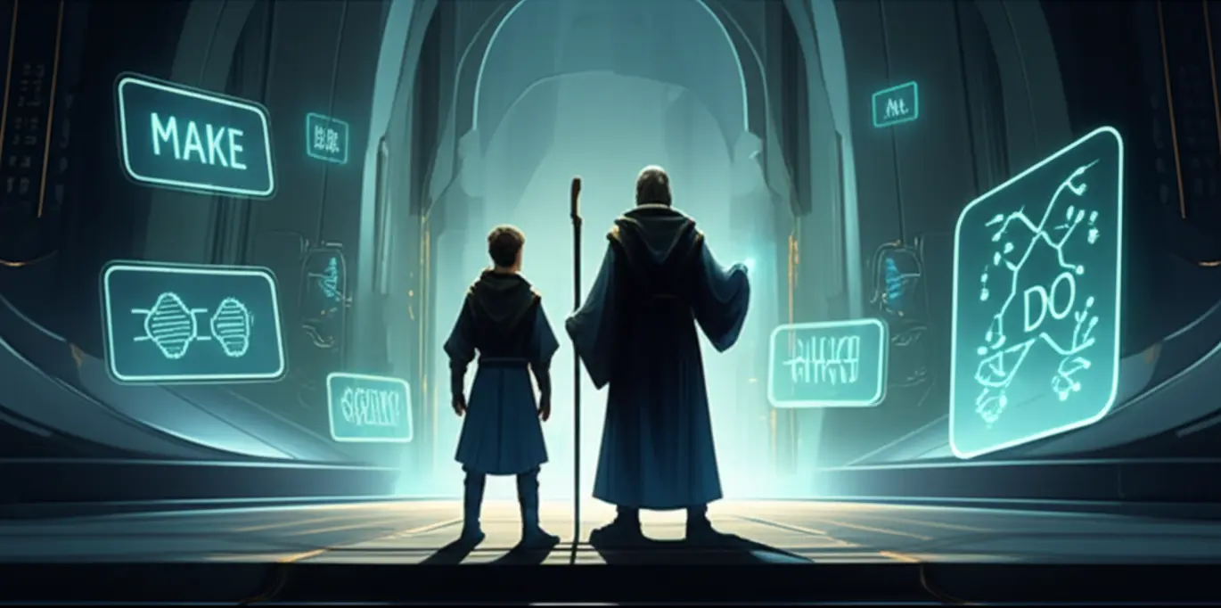 Mestre Jedi e padawan em pose de treinamento com sabres de luz, representando o aprendizado e a prática para dominar os verbos 'make' e 'do' em inglês, no contexto de uma jornada geek.