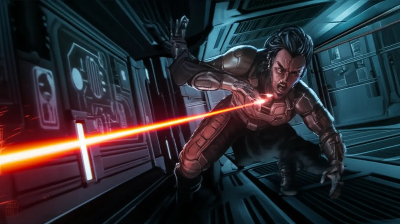 Heróis de Star Wars correndo enquanto Stormtroopers atiram blasters em um corredor da Estrela da Morte.