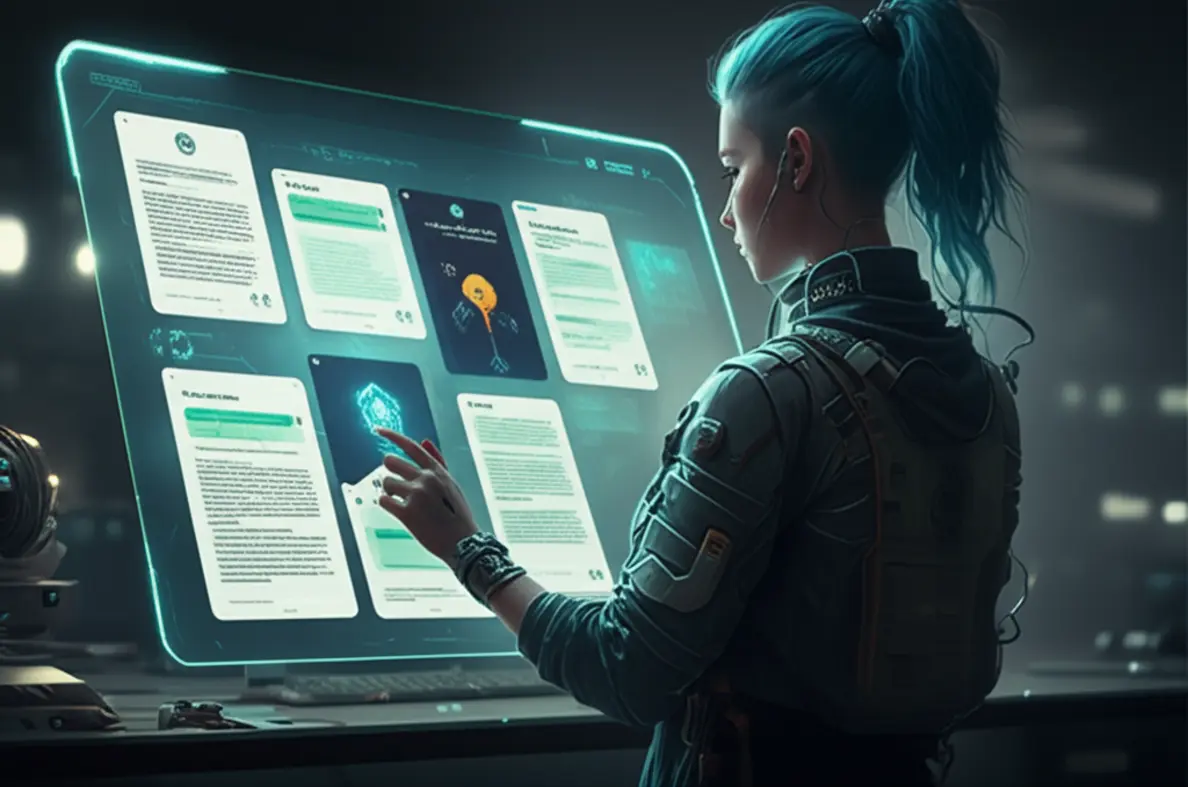 Exemplo de um card do Anki com o tema Cyberpunk, mostrando uma frase em inglês na frente e a tradução e contexto no verso, ideal para aprender vocabulário de jogos.