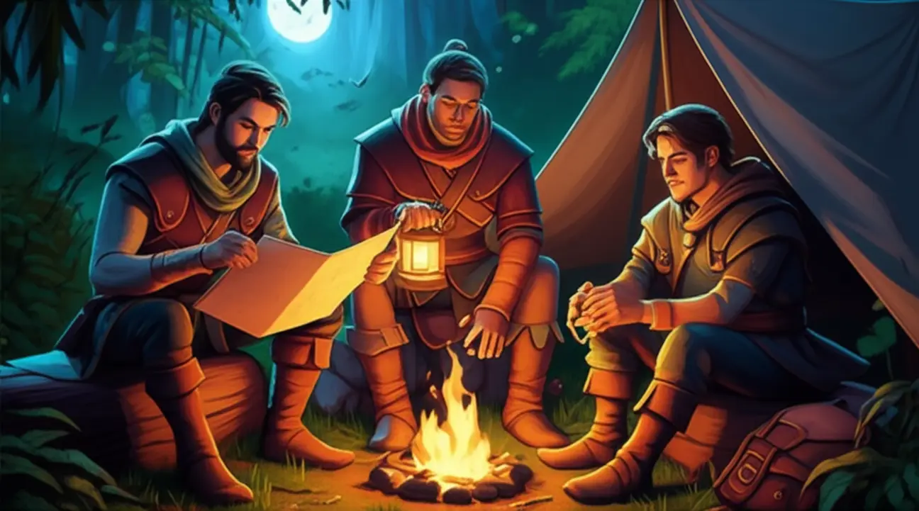 Um grupo de aventureiros de RPG em um mapa, planejando uma missão, ilustrando a preparação e estratégia.