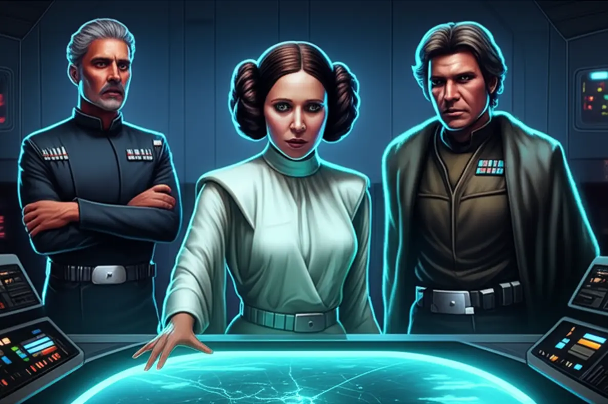 Personagens de Star Wars em um diálogo estratégico, com elementos galácticos e balões de fala.