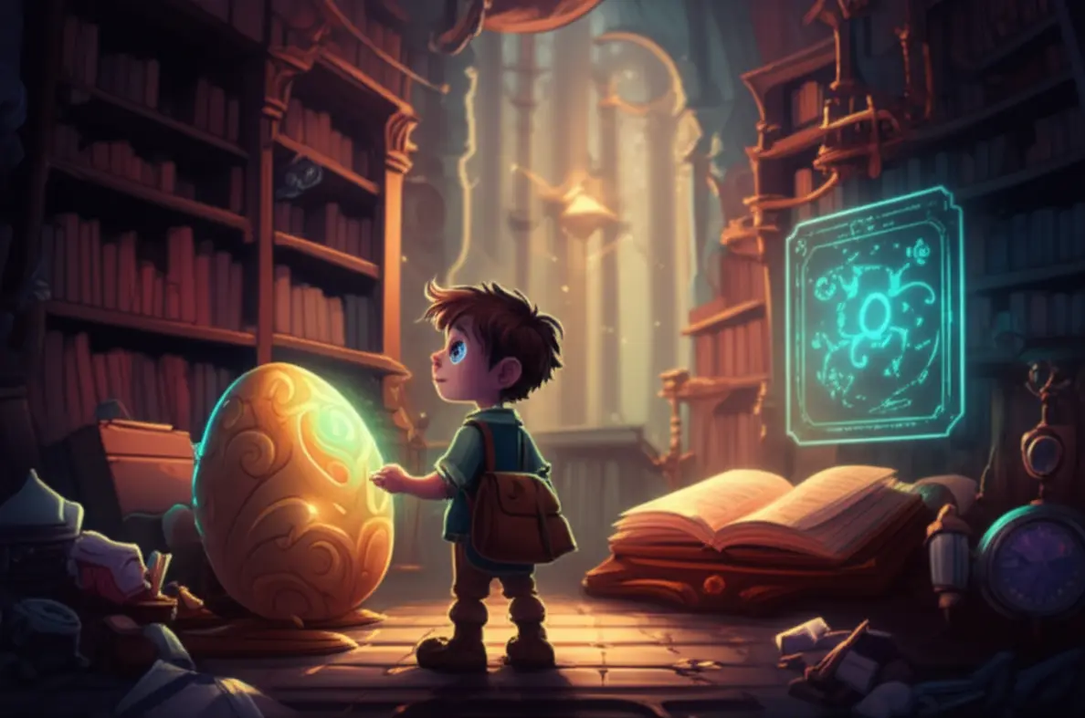 Representação visual de Easter Egg, Main e Lore, incluindo um ovo de Páscoa escondido, um personagem principal em destaque e um livro antigo que simboliza a história do jogo.