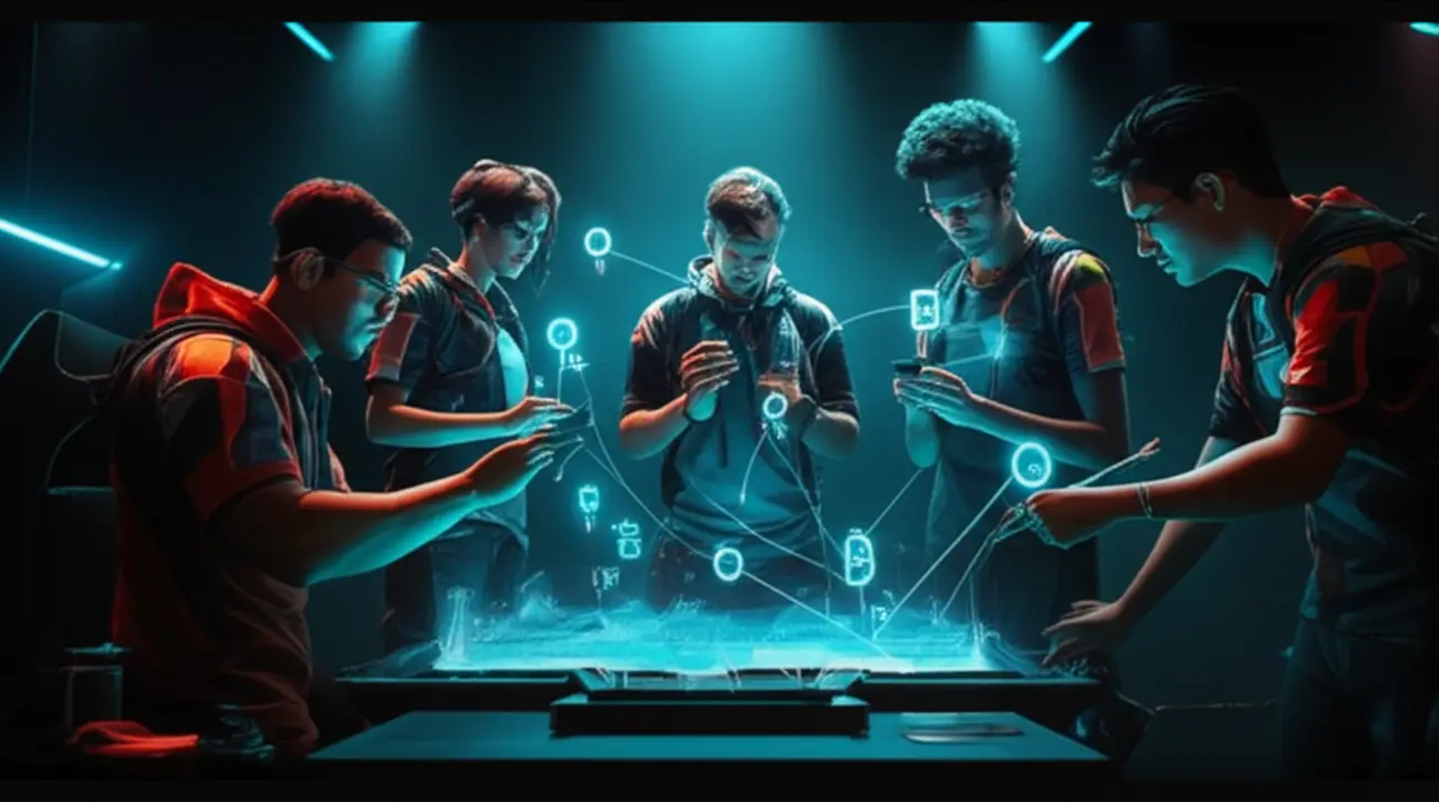 Jogadores de eSports em uma sala de computador com telas e luzes neon, com ícones de estratégia e tática de jogos digitais.