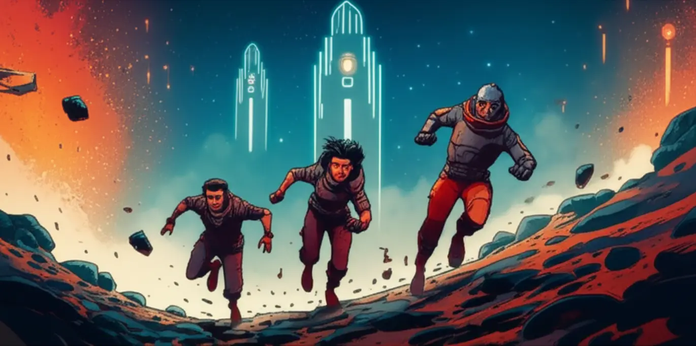 Luke Skywalker, Princesa Leia e Han Solo fugindo de perigo em uma nave espacial ou base Rebelde.