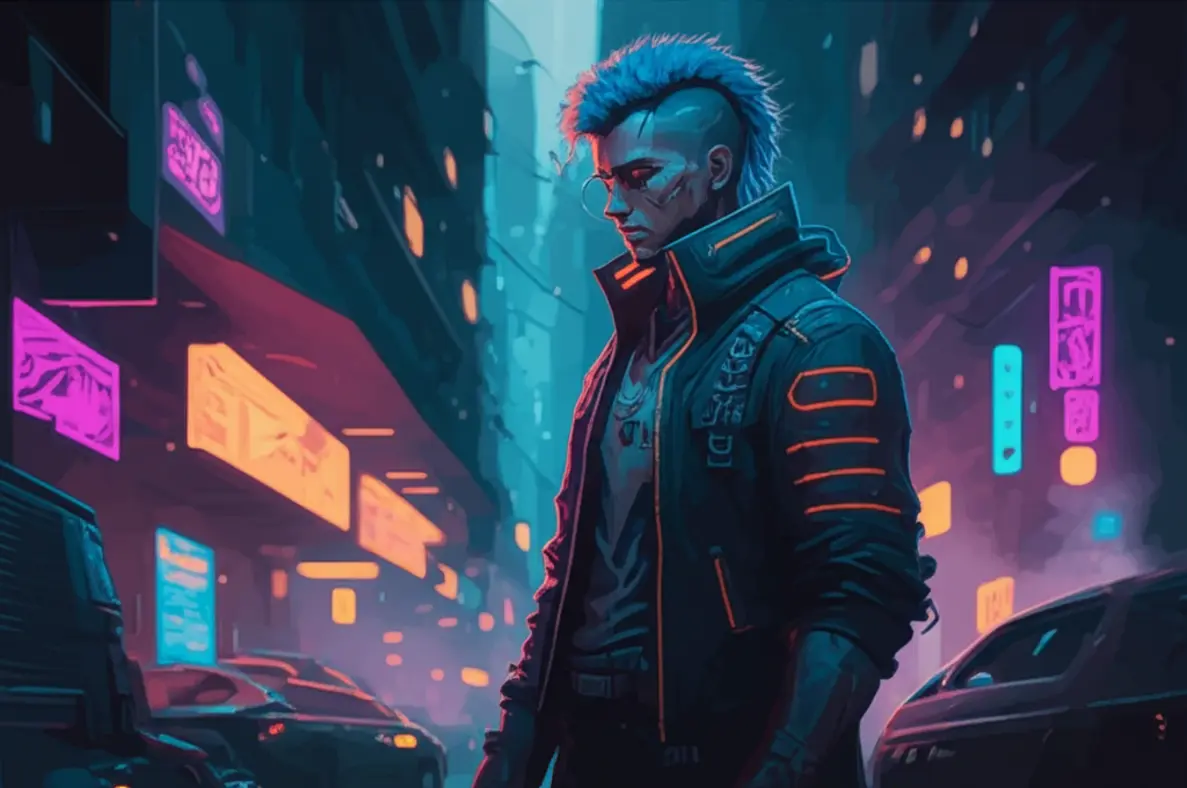 Personagem de Cyberpunk 2077 com implantes cibernéticos, luzes neon e um fundo de cidade futurista, representando a cultura e as gírias de Night City.