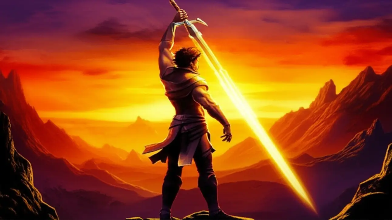 Um herói de RPG celebrando, com uma luz brilhante ao redor, simbolizando a subida de nível e o aprimoramento de habilidades.