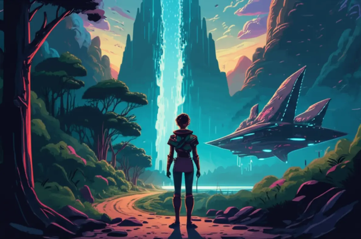 Imagem ilustrando um personagem de RPG em um ambiente de fantasia, pronto para iniciar uma jornada épica, representando o início da aventura com phrasal verbs.