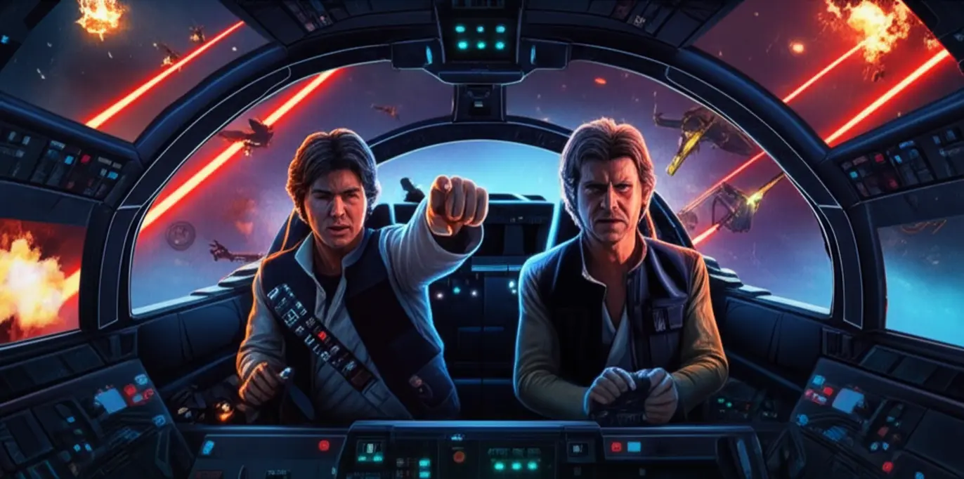 Personagens de Star Wars usando phrasal verbs como power-ups, com ícones de energia e explosões.