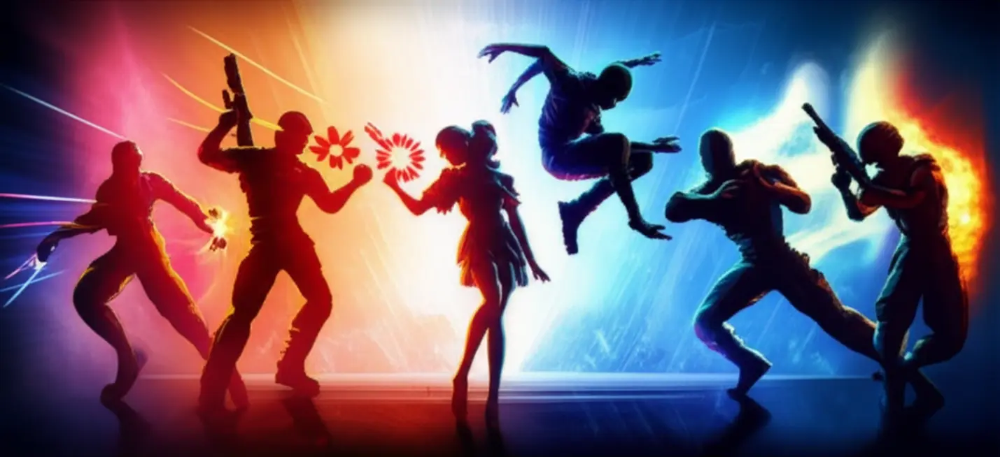 Ilustração de um controle de videogame com palavras de verbos de ação como 'Move', 'Attack', 'Jump' e 'Reload' em destaque, simbolizando os comandos essenciais em jogos.