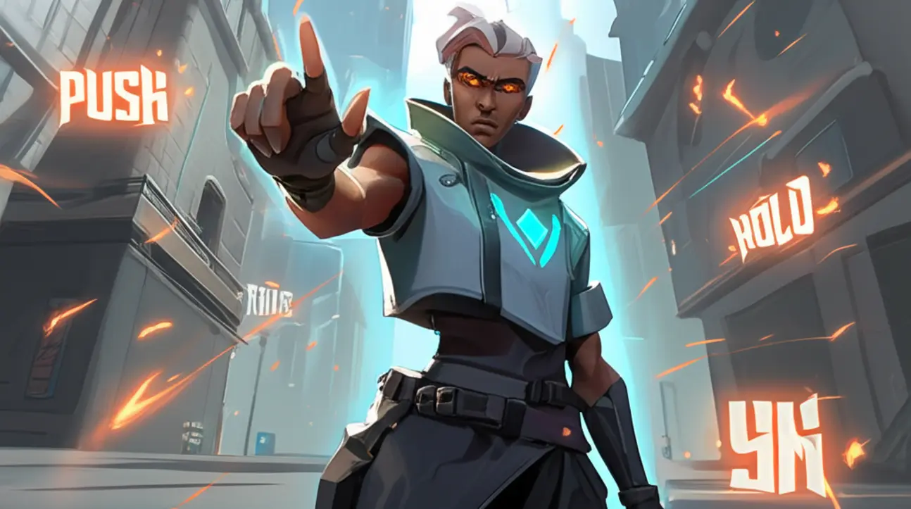 Um grupo de agentes de Valorant em combate, com o texto 'Verbos Imperativos na Batalha' sobreposto, simbolizando a comunicação rápida em inglês durante o jogo.