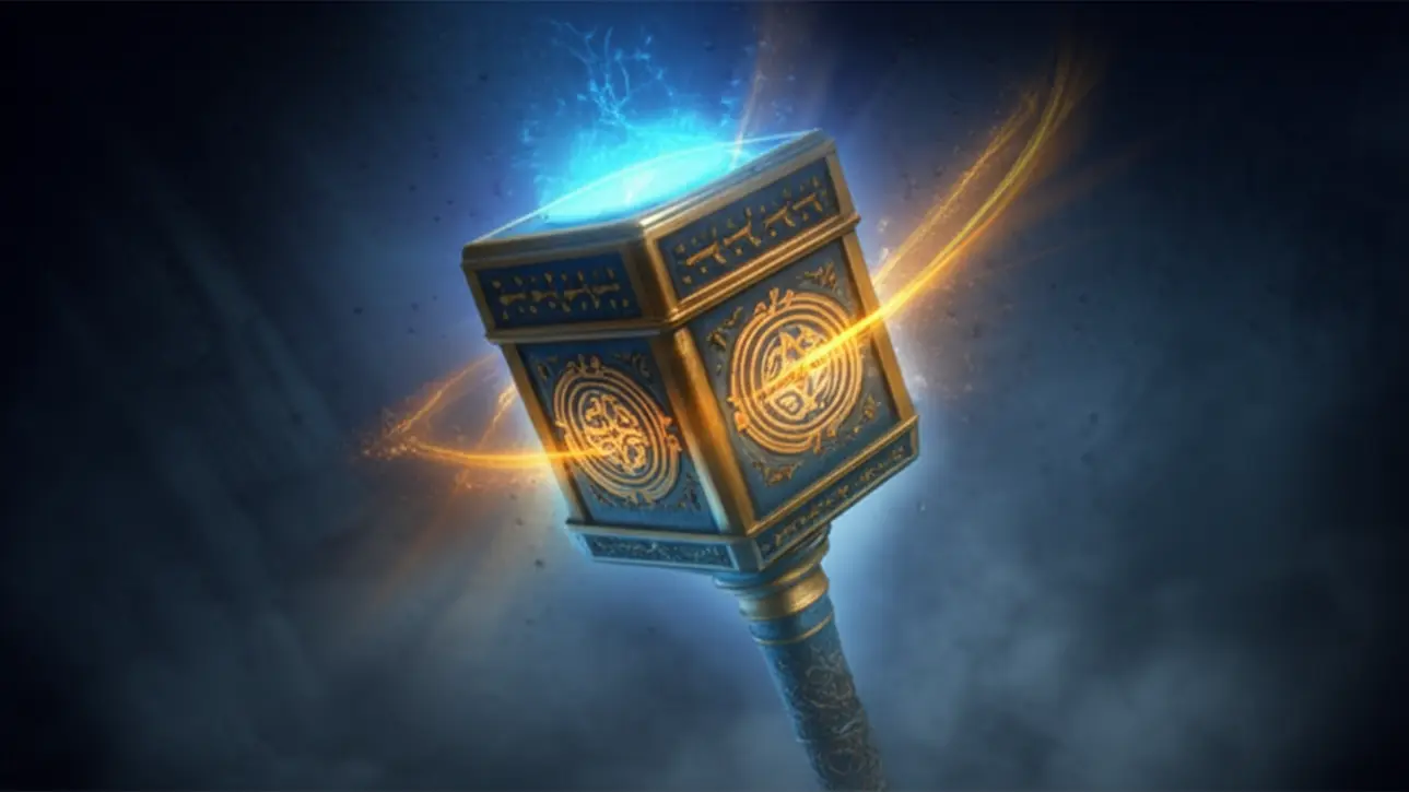 Ilustração do 'would' como o Mjolnir, o martelo superpoderoso da gramática, transformando e elevando frases.